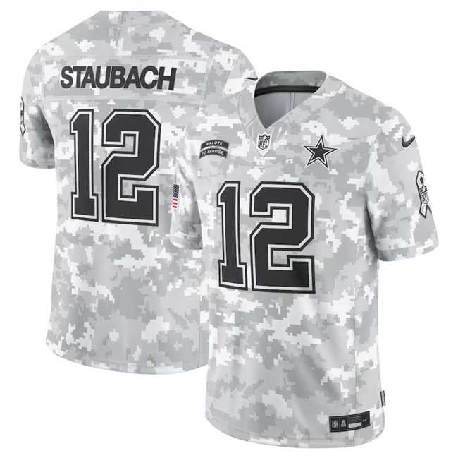 Men%27s Dallas Cowboys #12 Roger Staubach 2024 Arctic Camo Salute To Service Limited Stitched Jersey Dyin